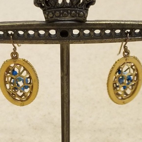 PHILIP CRANGI TURQUOISE GOLD ACADEMIE OVAL WEB CAGED CHANDELIER DROP EARRINGS